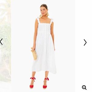 Exclusive White Poplin Ric Rac Tie Shoulder Dress by Juliet Dunn
